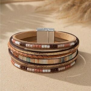 Multilayer Leather Bracelet with Magnetic Clasp